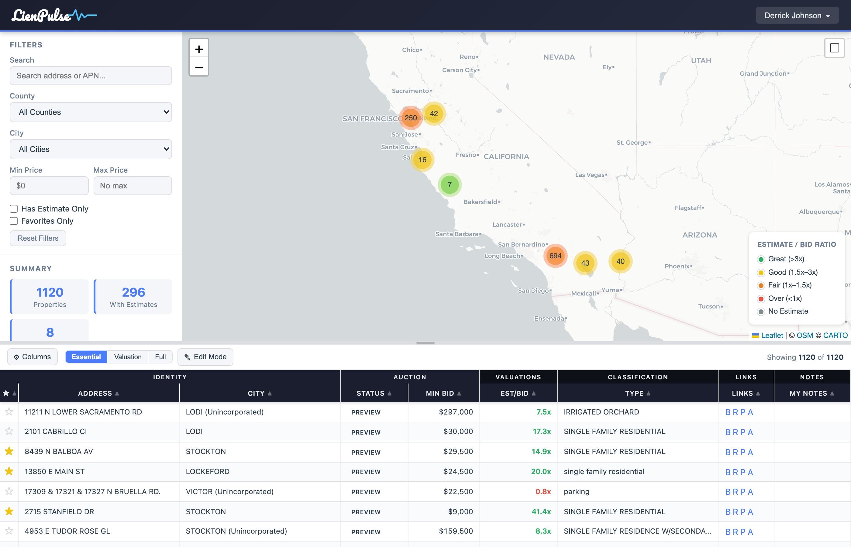LienPulse app showing interactive map with color-coded property clusters and detailed auction data table